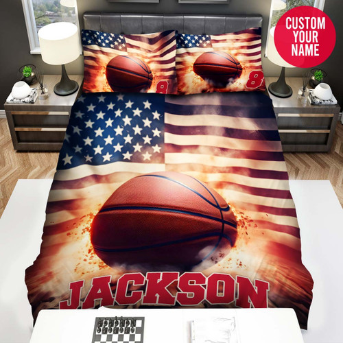 Personalized Basketball Ball On American Flag Background Duvet Cover Bedding Set