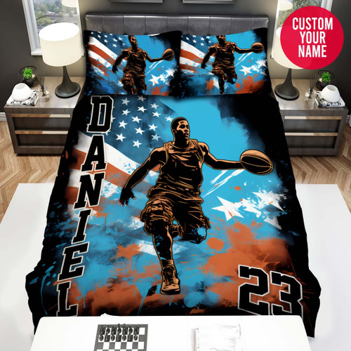 Personalized Basketball Players With American Flag Art Custom Name Duvet Cover Bedding Set