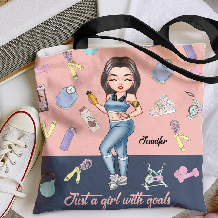 Custom Name Girl Name Just A Girl With Goals Tote Bag, Gift For Gym Lover Tote Bag