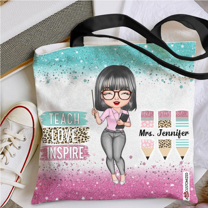 Custom Girl Name Teach Love Inspire Glitter, Gift For Teacher Tote Bag