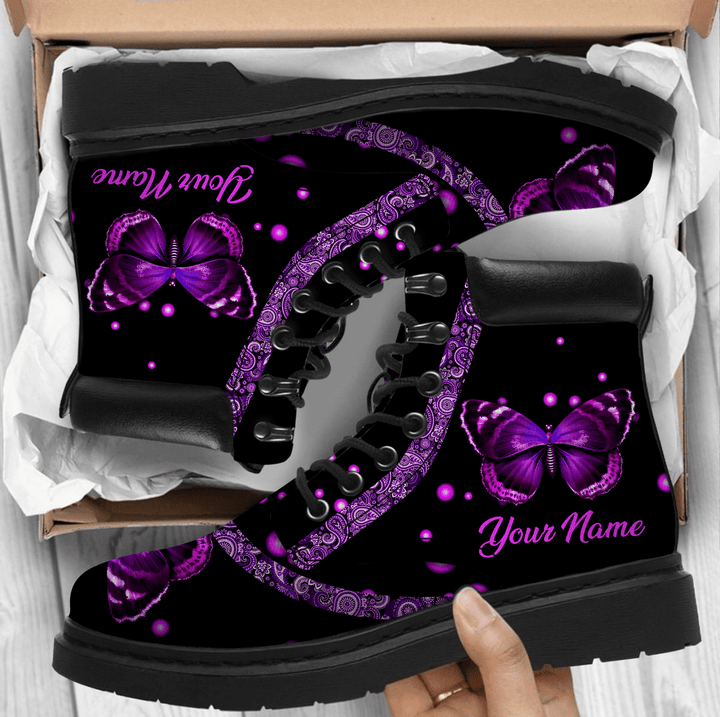 Customized Name Black And Pink Pattern Butterfly Tim Boots