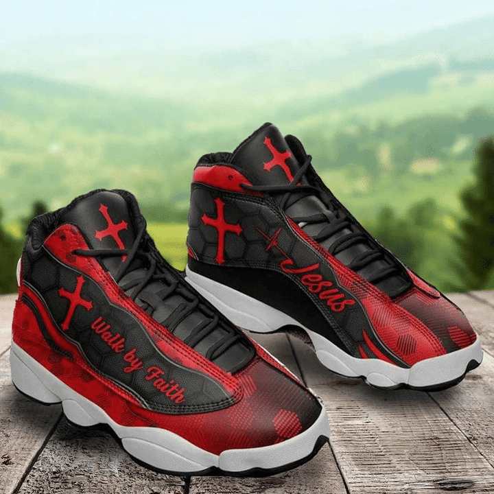 Jesus Christ Walk By Faith Black Red Air Jordan 13 Sneaker, Gift For Lover Jesus Christ Walk By Faith AJ13 Shoes For Men And Women