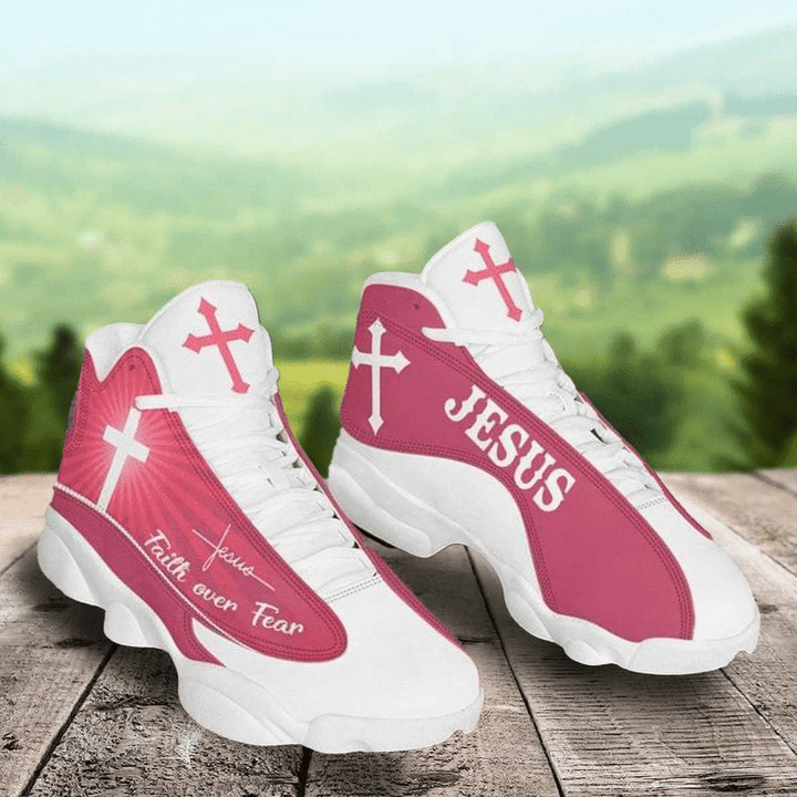 Jesus Faith Over Fear Christmas Pink Air Jordan 13 Sneaker, Gift For Lover Jesus Faith Over Fear Christmas Pink AJ13 Shoes For Men And Women