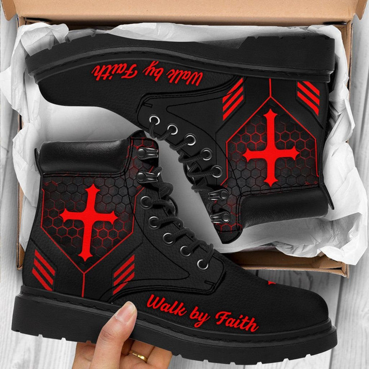 Jesus Walk By Faith Red Cross Engraved On A Black Tim Boots