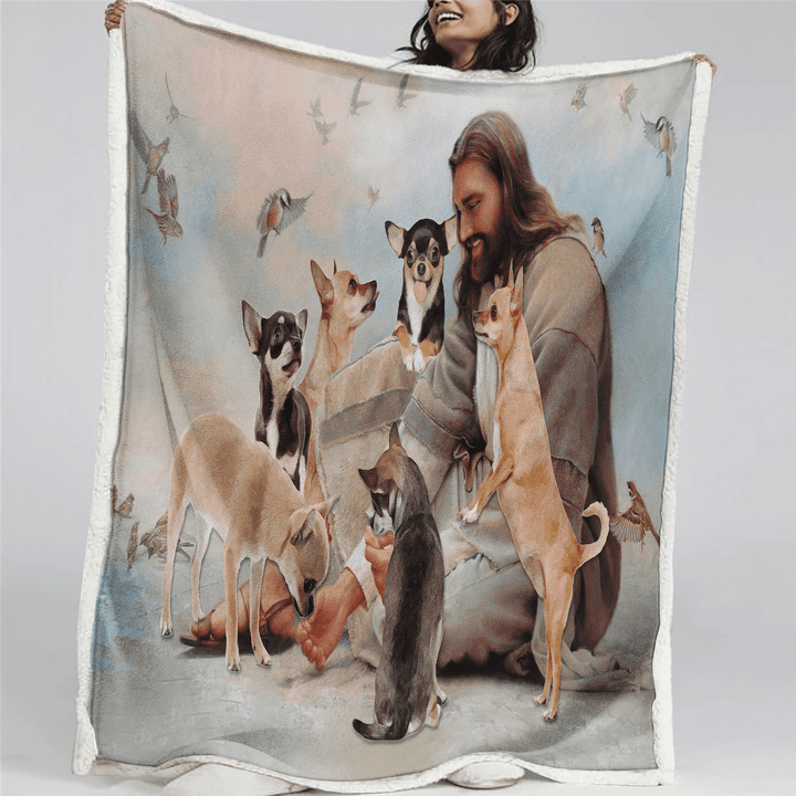Jesus And Chihuahua Dogs Fleece, Sherpa Blanket Great Gifts For Birthday Christmas Thanksgiving Anniversary