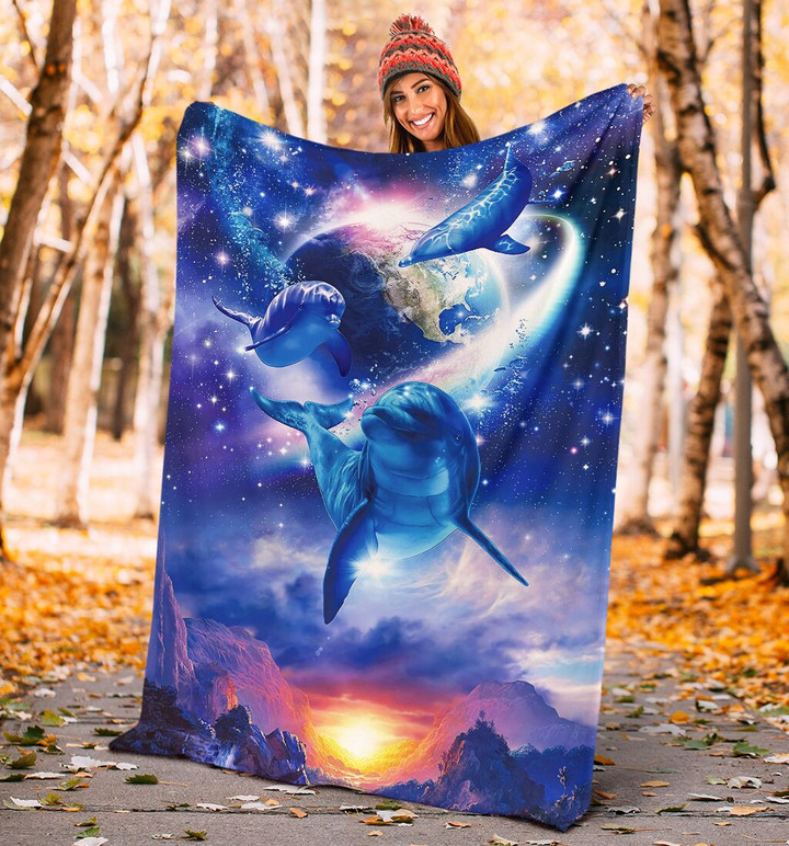 Dolphin In Outer Space Sparkle Galaxy And Earth Sherpa Fleece Blanket Great Customized Blanket Gifts For Birthday Christmas Thanksgiving