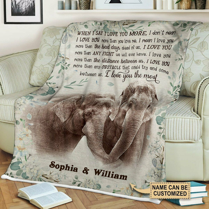 Personalized Elephant Couple Fleece Blanket - I Love You The Most Fleece Blanket