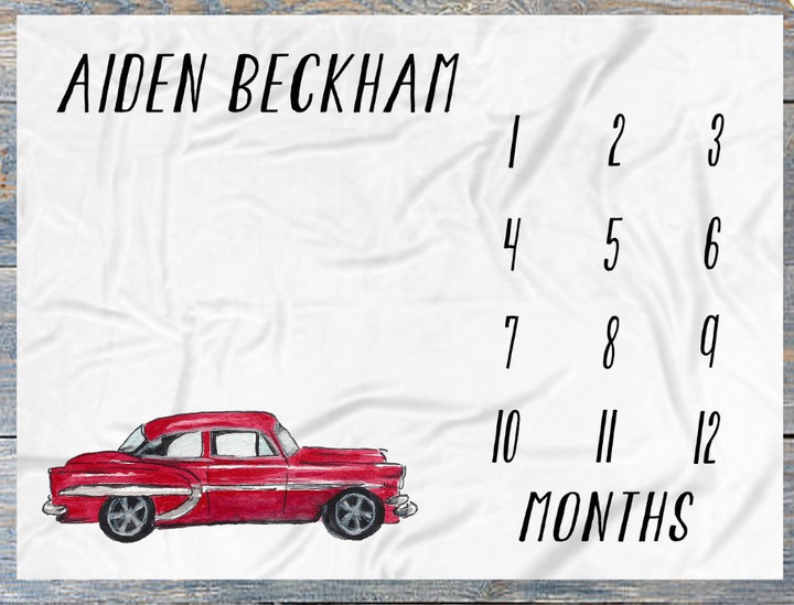 Personalized Vintage Red Car Monthly Milestone Blanket, Newborn Blanket, Baby Shower Keepsakes Gift