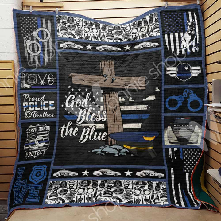 Police God Bless The Blue Quilt Blanket Great Customized Gifts For Birthday Christmas Thanksgiving Perfect Gifts For Police