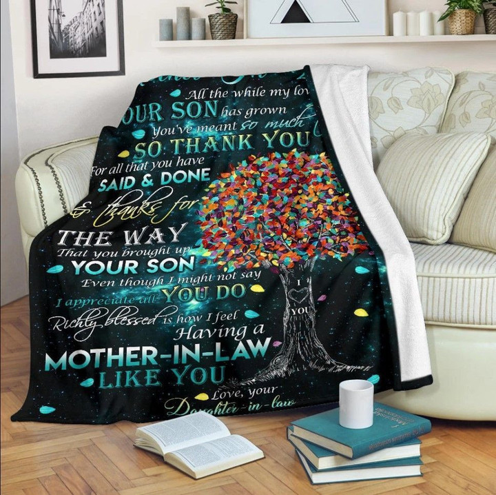 Personalized To My Mother-In-Law Fleece Blanket From Daughter-In-Law Thank For The Way That You Brought Up Your Son Great Customized Blanket Gifts For Birthday Christmas Thanksgiving