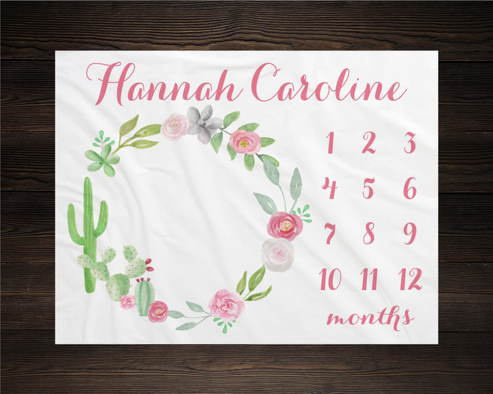 Personalized Succulent Cactus And Floral Monthly Milestone Blanket, Newborn Blanket, Baby Shower Gift Watch Me Grow Monthly