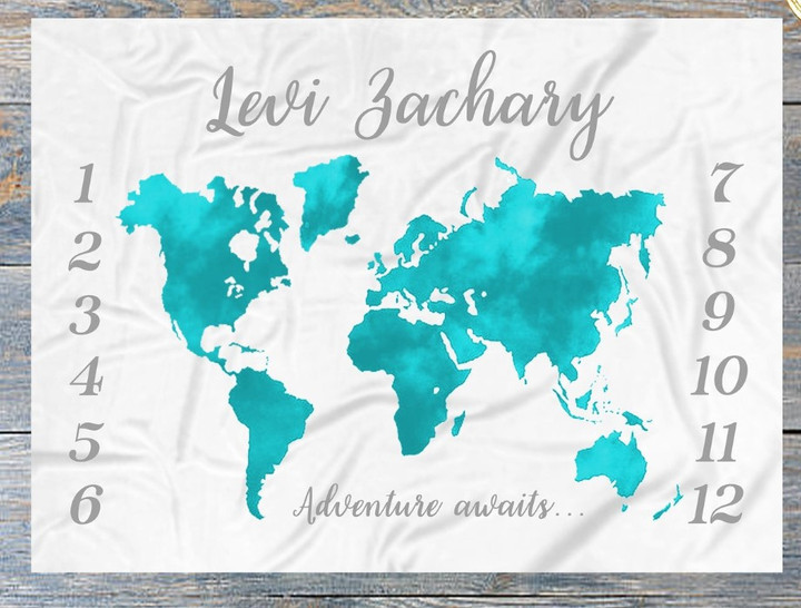 Personalized Blue World Map Monthly Milestone Blanket, Newborn Blanket, Baby Shower Gift Track Growth And Age Monthly