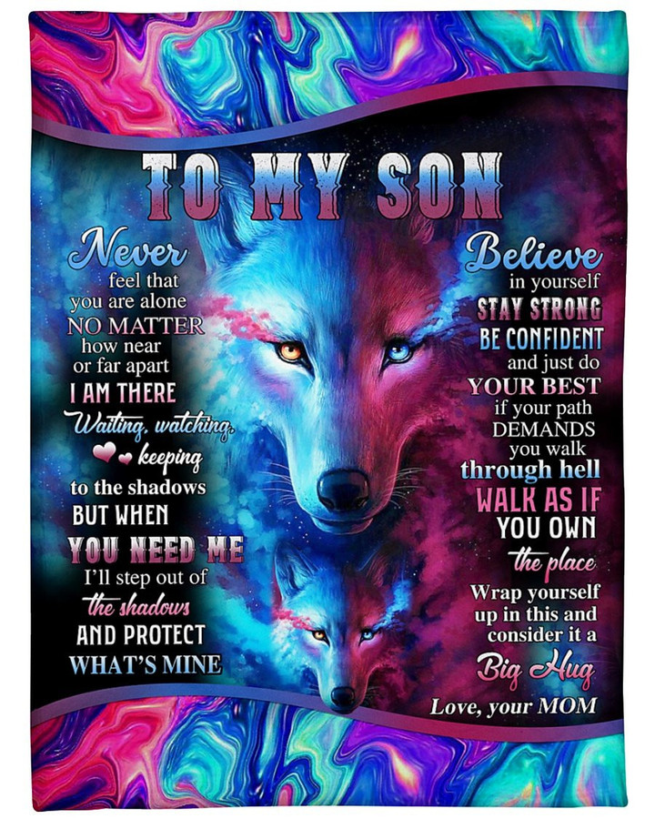 Personalized Wolf To My Son From Mom I Am There Waiting Watching Fleece Blanket Great Customized Gifts For Birthday Christmas Thanksgiving Perfect Gift For Wolf Lover