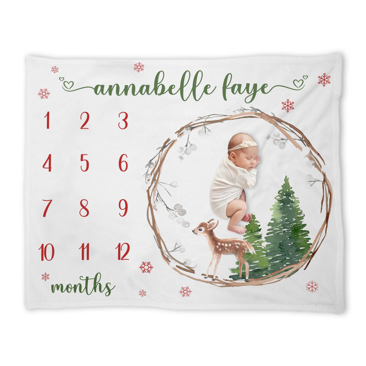 Personalized Deer Christmas Pinetree Baby Birthday Blanket, Milestone Birthday Calendar Months Gifts For Baby For Parents