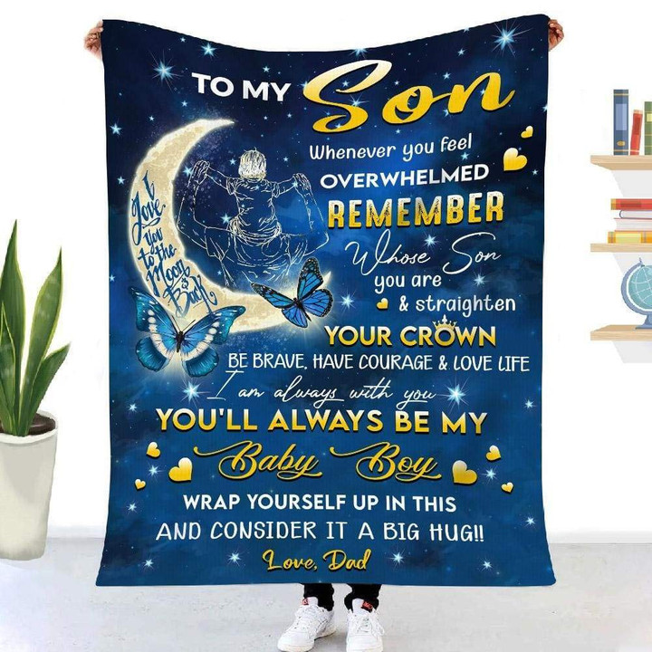 Personalized Family To My Son Whenever You Feel Overwhelmed Remember Whose Son You Are, I Love You To The Moon And Back Sherpa Fleece Blanket
