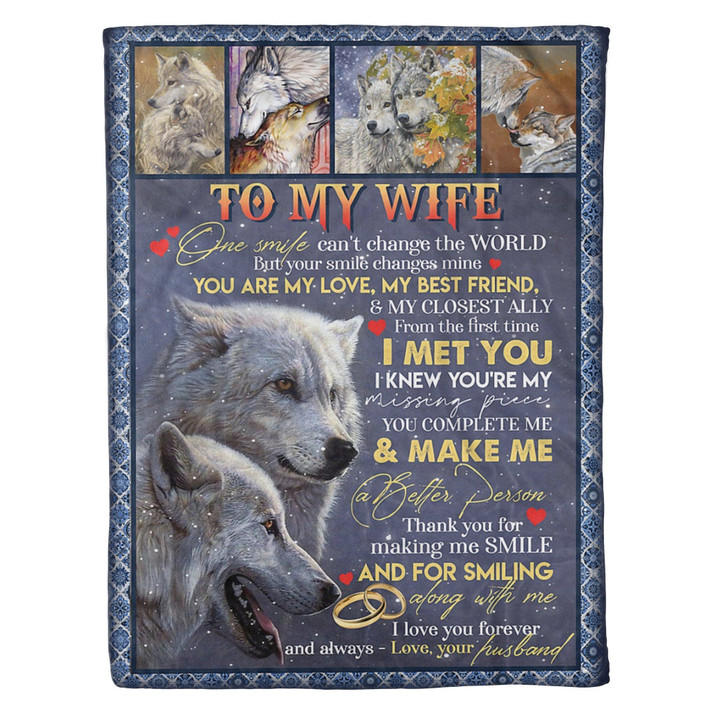Personalized Wolf Family To My Wife From Husband Thank You For Making Me Smile Fleece Blanket Great Customized Gifts For Birthday Christmas Thanksgiving Mother's Day