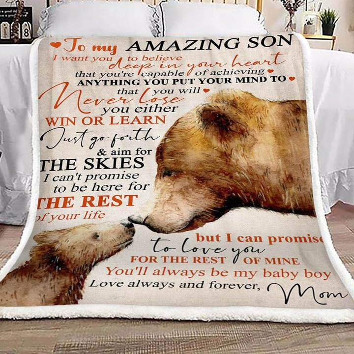 Personalized Family Bear To My Amazing Son Sherpa Fleece Blanket From Mom Just Go Forth Ans Aim For Skies Great Customized Blanket Gifts For Birthday Christmas Thanksgiving