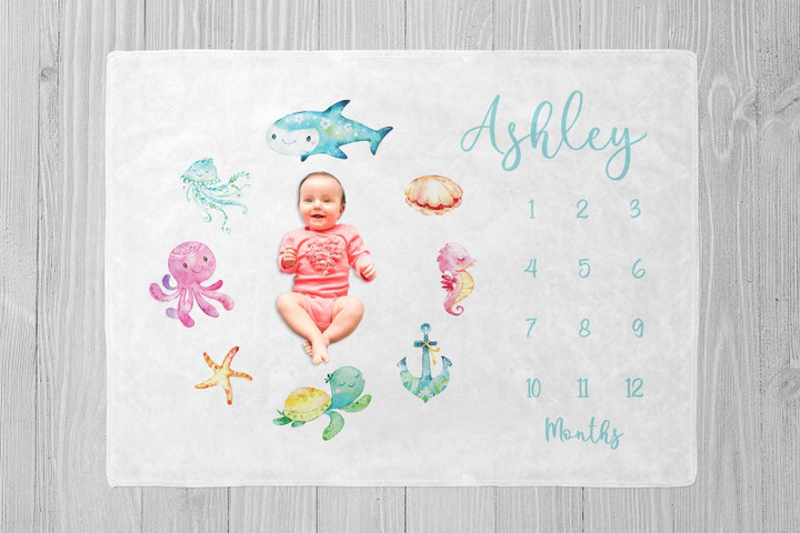 Personalized Under The Sea Monthly Milestone Blanket, Newborn Blanket, Baby Shower Gift Track Growth And Age Monthly