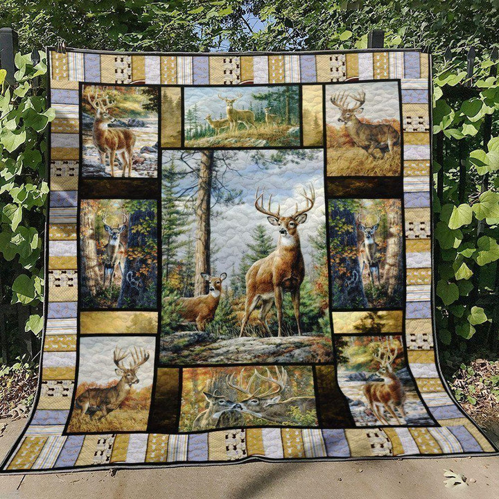 Deer Standing And Looking Deer In Forest Quilt Blanket Great Customized Blanket Gifts For Birthday Christmas Thanksgiving