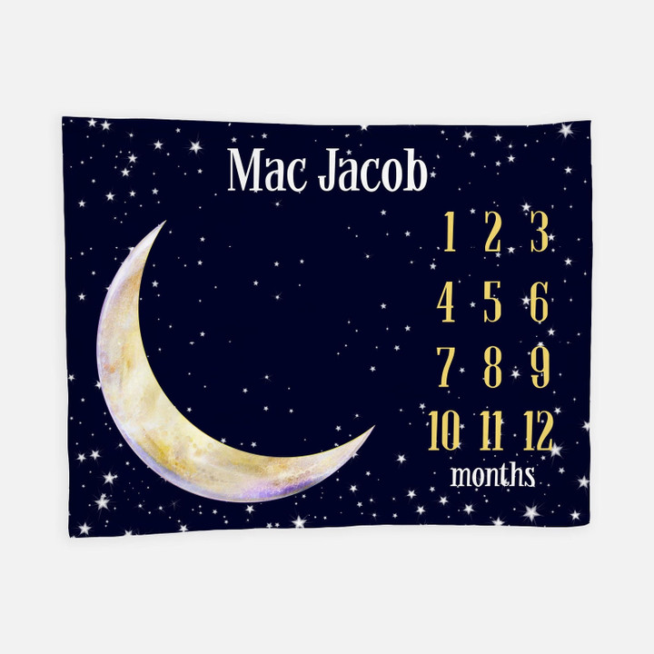 Personalized Luna Moon And Stars Monthly Milestone Blanket, Newborn Blanket, Baby Shower Gift Watch Me Grow Monthly