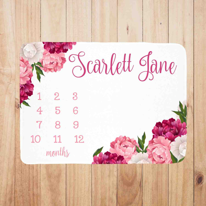 Personalized Pink Flower Monthly Milestone Blanket, Newborn Blanket, Baby Shower Gift Monthly Growth Tracker