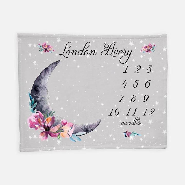 Personalized Luna Moon With Flowers Monthly Milestone Blanket, Newborn Blanket, Baby Shower Gift Grow Chart Monthly