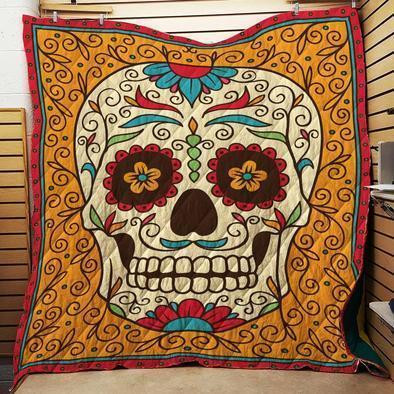 Sugar Skull Orange Quilt Blanket Great Customized Gifts For Birthday Christmas Thanksgiving Perfect Gifts For Skull Lover