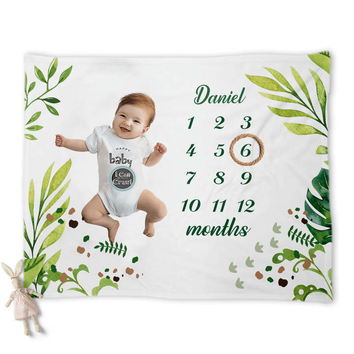 Personalized Baby Monthly Milestone Blanket, Custom Jungle Safari Baby Blanket For Newborn, Birthday Gifts For Baby Boy Girl, Baby Birthday Blanket, Baby Calendar Blanket