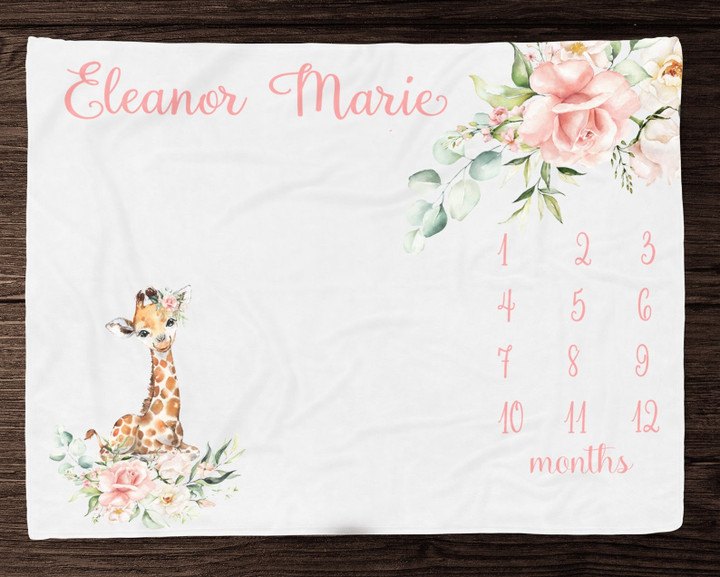 Personalized Giraffe & Rose Monthly Milestone Blanket, Newborn Blanket, Baby Shower Gift Watch Me Grow Monthly