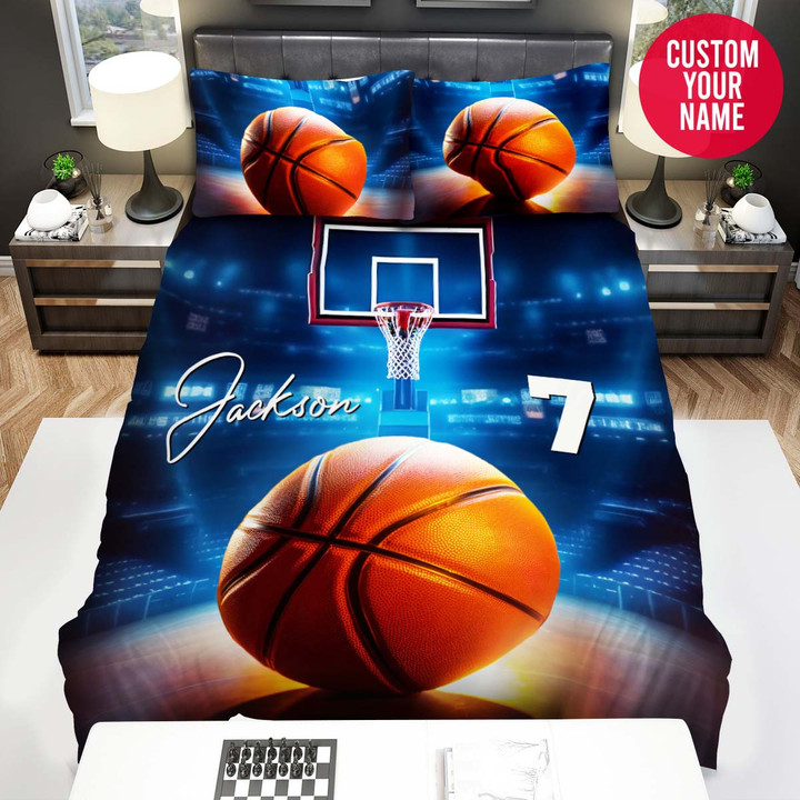 Personalized Basketball Hand Hoop Blue Light Custom Name Duvet Cover Bedding Set