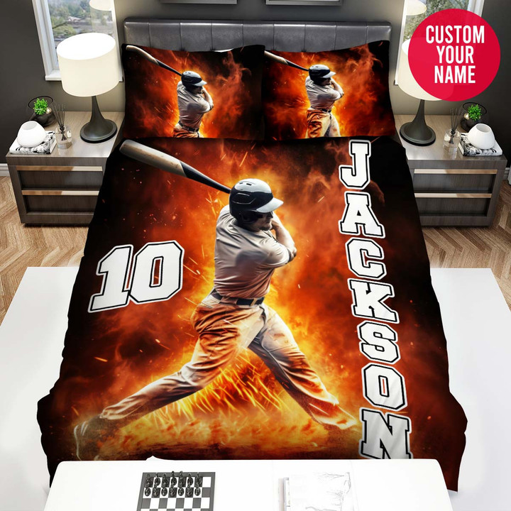 Personalized Baseball Player In Fire Custom Name Duvet Cover Bedding Set