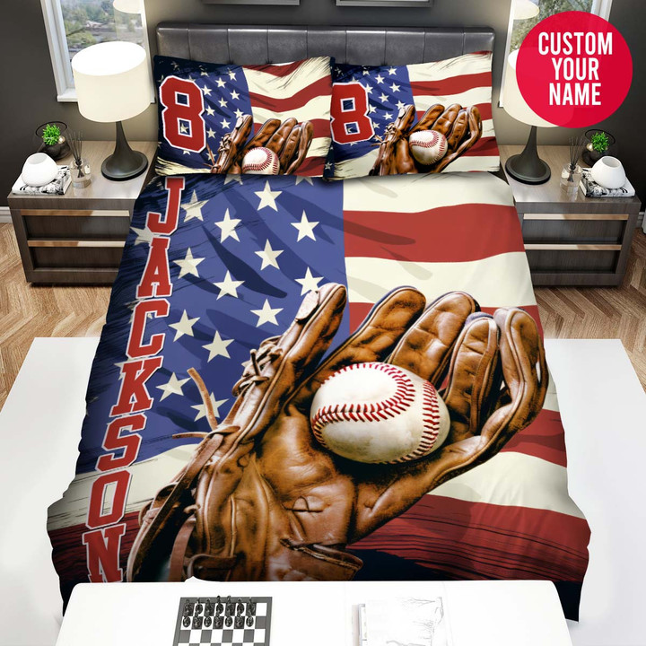 Personalized Baseball Golves American Flag Custom Name Duvet Cover Bedding Set