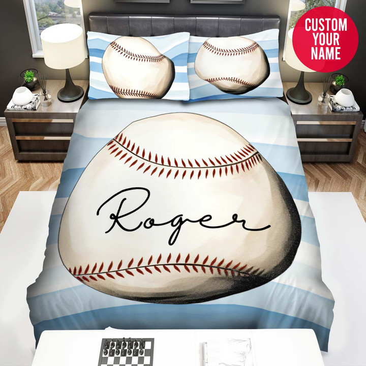 Personalized Baseball Ball On Striped Custom Name Duvet Cover Bedding Set