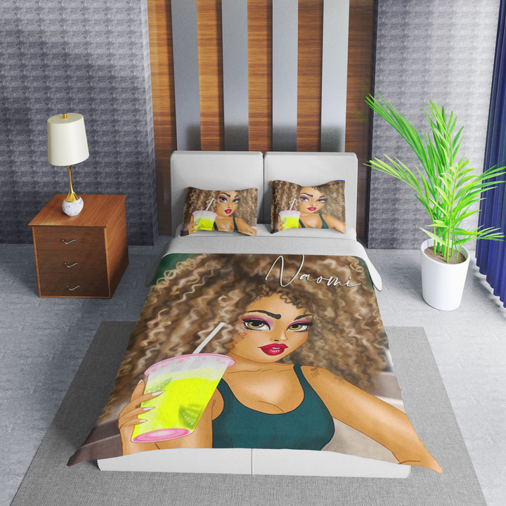 Personalized Black Girl Drinking So Cute Duvet Cover & Pillow Cases Bedding Set