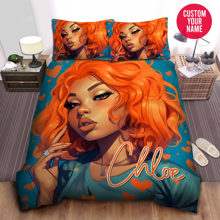 Personalized Black Girl Orange Heart Duvet Cover Bedding Set