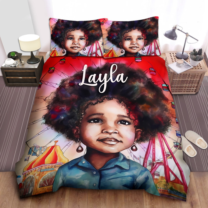 Personalized Black Baby Girl With Afro Hair Theme Park Duvet Cover Bedding Set