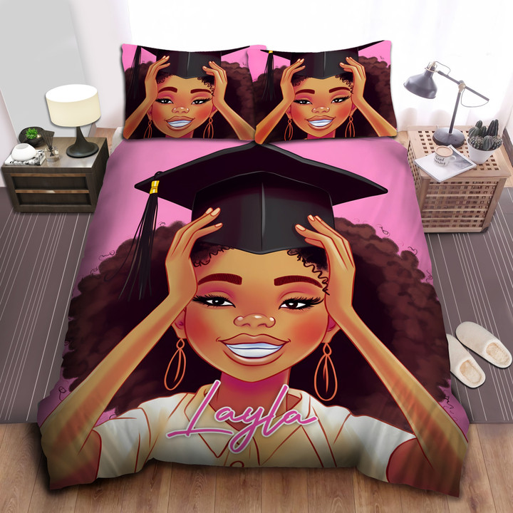 Personalized Happy Black Girl Graduation Duvet Cover Bedding Set