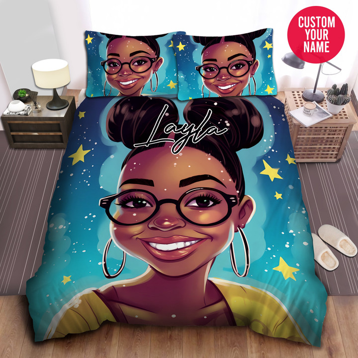 Personalized Black Girl With Space Buns Hairstyles Star Duvet Cover Bedding Set