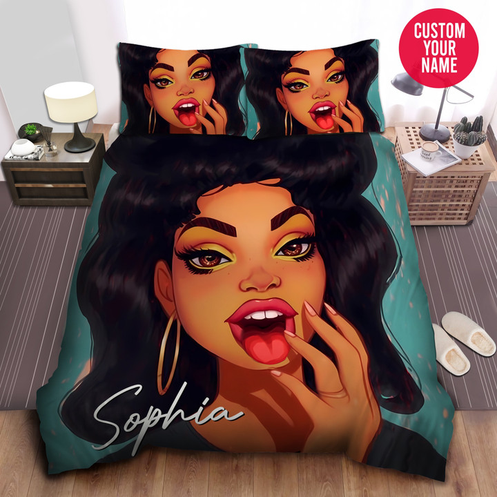 Personalized Black Girl Tongue Out Duvet Cover Bedding Set