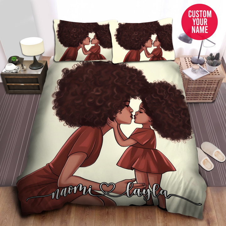 Personalized Black Little Girl Mother Kissing Daughter Duvet Cover Bedding Set