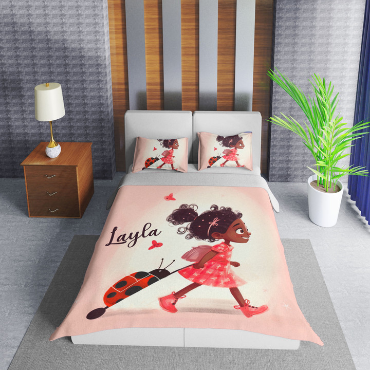 Personalized Black Baby Girl Ladybug Luggage Duvet Cover Bedding Set