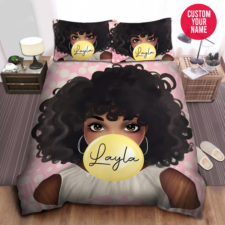 Personalized Cute Black Little Girl Bubble Gum Duvet Cover Bedding Set