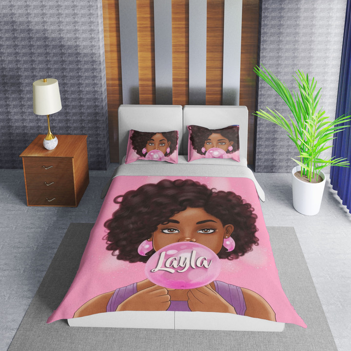 Personalized Black Baby Girl Afro Pink Bubble Gum Duvet Cover Bedding Sets