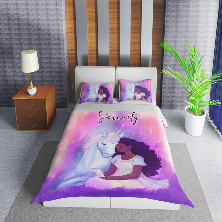 Personalized Black Little Girl With Unicorn Duvet Cover Bedding Set