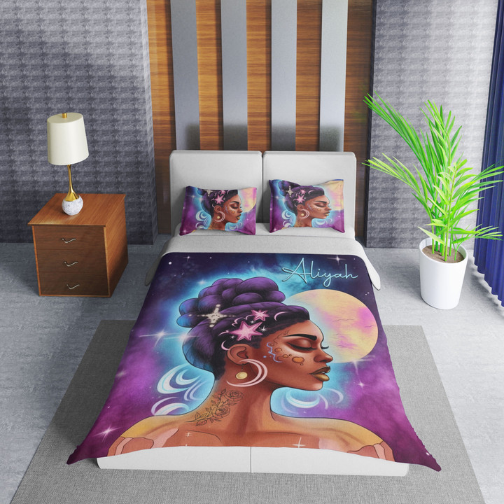 Personalized Galaxy Sun And Moon Black Girl With Rose Tattoo Duvet Cover Bedding Set