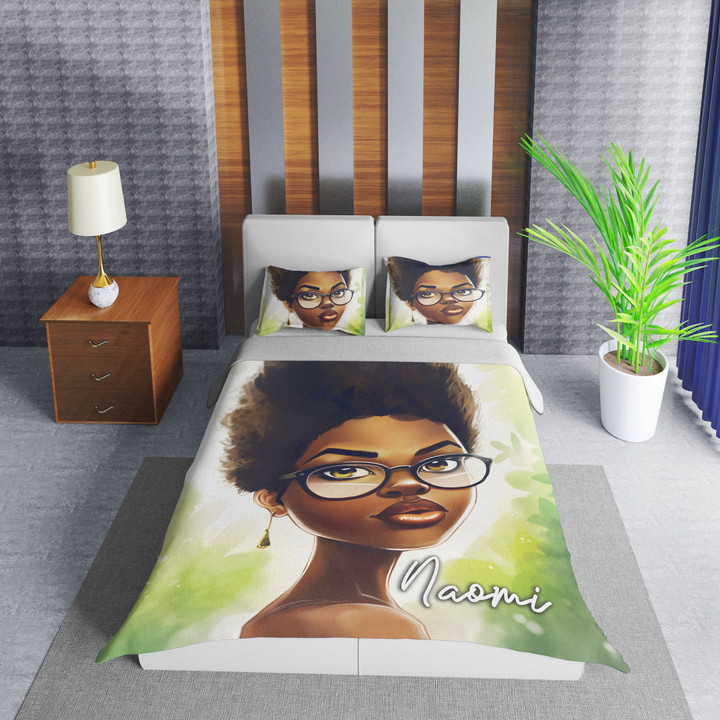 Personalized Black Girl Short Hair Wearing Glasses Duvet Cover Bedding Set