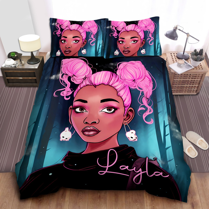 Personalized Pink Bun Black Girl Duvet Cover Bedding Set