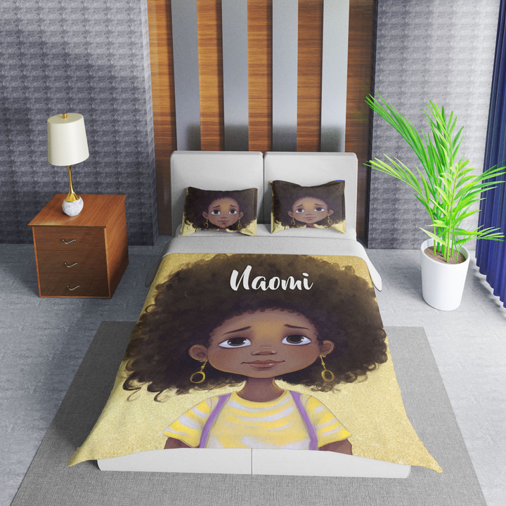 Personalized Black Little Girl With Cute Curly Hair Duvet Cover Bedding Sets