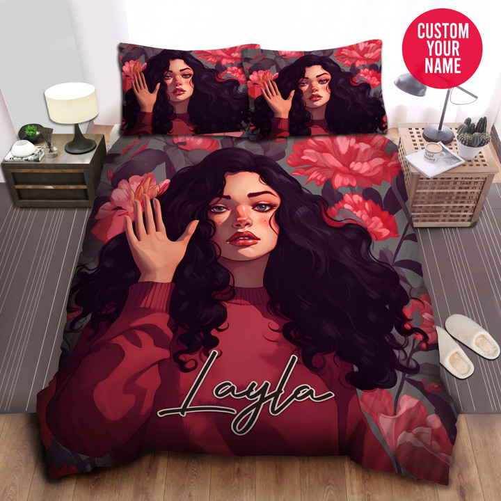 Personalized Black Girl Red Flower Duvet Cover Bedding Set