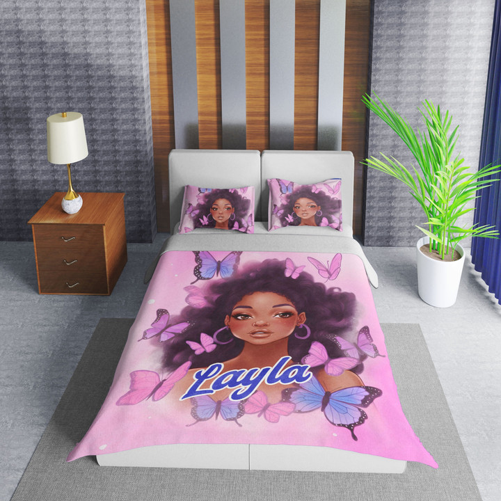 Personalized African American Woman Black Girl With Butterflies Duvet Cover Bedding Set